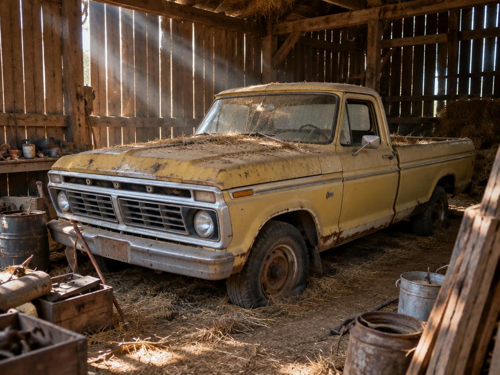Dusty non-running classic Ford pickup in an old barn